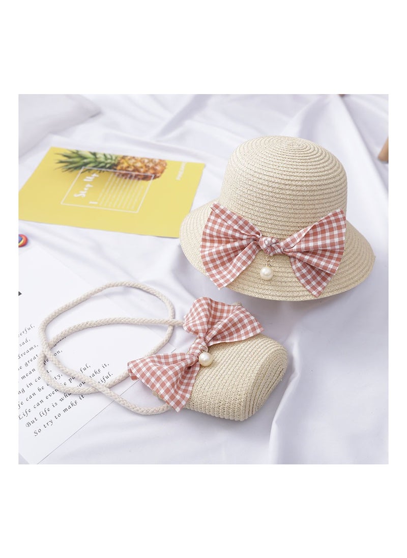 KUYING Children's Cute Parent Child Beach Hat Straw Hat Bag Set Baby Sunshade Fisherman Hat Sun Hat 