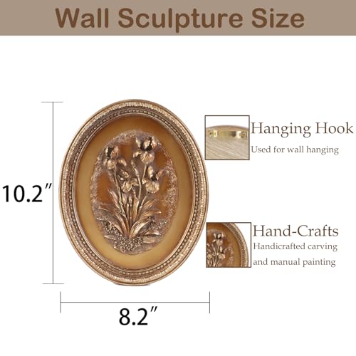 Kangce Vintage Wall Sculptures,Antique Wall Art with Hand-Carved Iris Pattern,Floral Wall Decor,Ornate Victorian Home Decor,for Living Room, Bedroom,Hallway Gallery,Oval,Bronze - Image 2