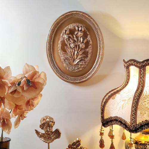 Kangce Vintage Wall Sculptures,Antique Wall Art with Hand-Carved Iris Pattern,Floral Wall Decor,Ornate Victorian Home Decor,for Living Room, Bedroom,Hallway Gallery,Oval,Bronze - Image 5