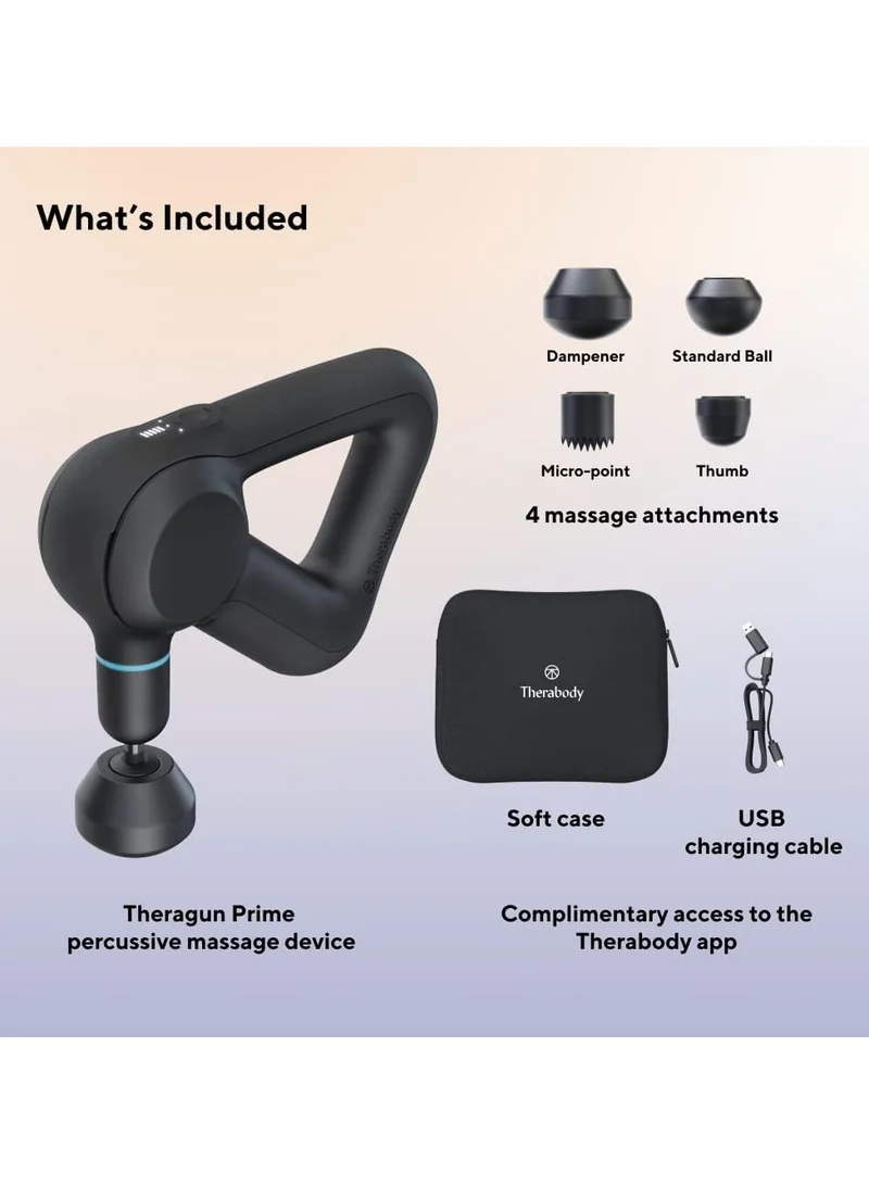 ثيرابودي Theragun Prime Quiet Percussion Massage Gun for Deep Tissue Muscle Pain Relief, Portable Neck and Back Pain Relief, Handheld Electric Massager, Remote Bluetooth Conectivity and USB-C Charging, 5th Gen