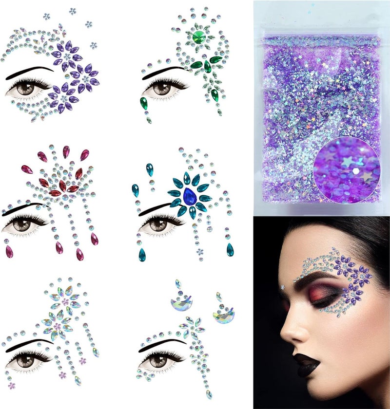DECOYARDOO Face Jewels 6 Sheets Face Gems Stick On, 10g Chunky Glitter, Face Jewelry Rhinestones Crystals Stickers, Fairy Euphoria Eye Body Makeup Rave Clothes Festival Outfit Accessories