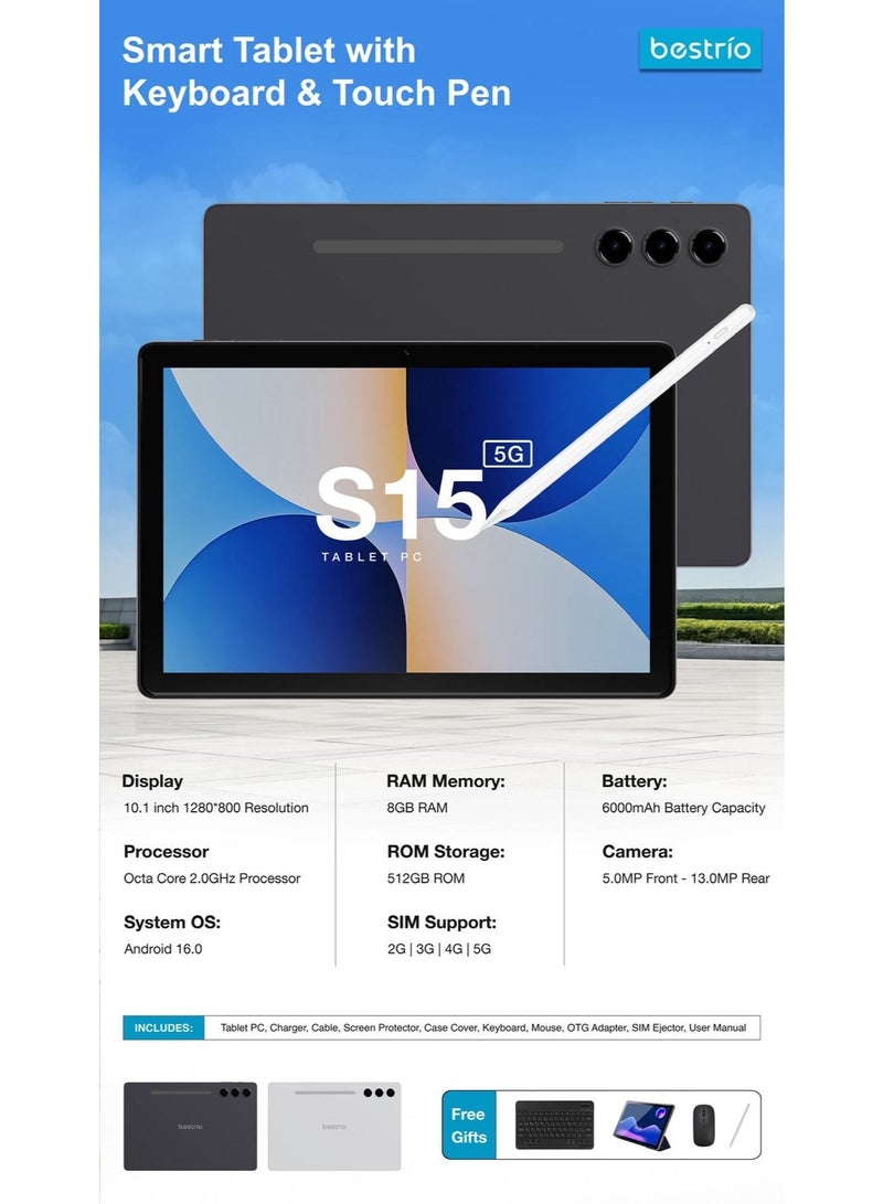 Bestrio S15 5G Tablet PC – 10.1" HD Display, 8GB RAM, 512GB ROM, Octa-Core Android 16 Tablet with Dual SIM & 6000mAh Battery - Image 3