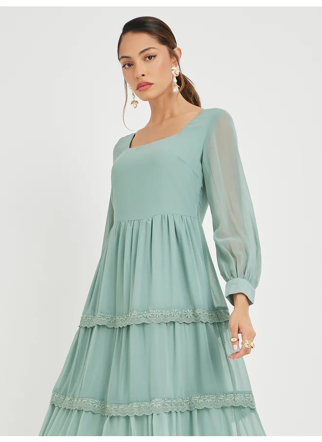 ستايلي Styli Plain Lace Detail Long Sleeves Tiered Maxi Dress