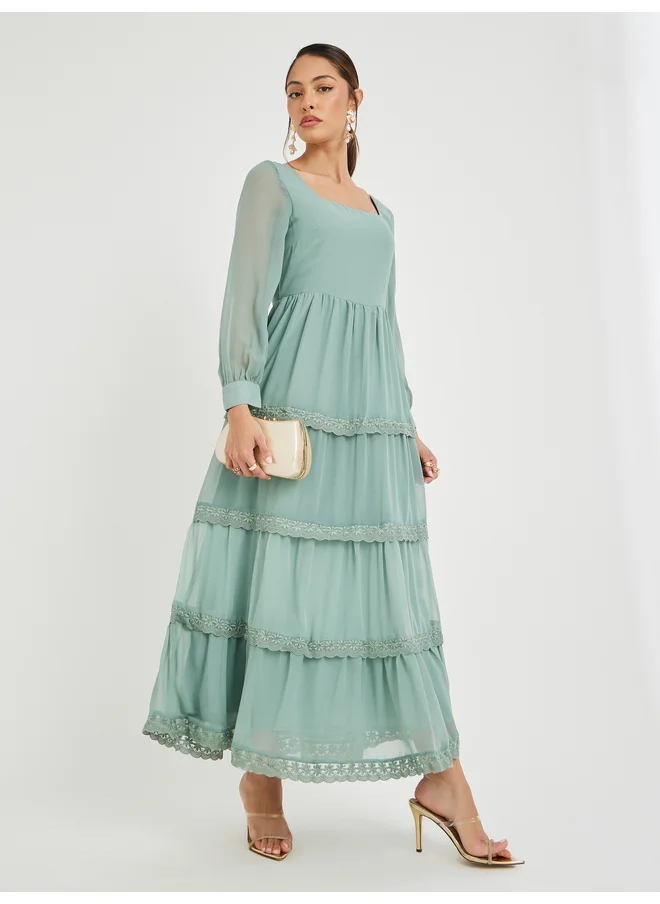 ستايلي Styli Plain Lace Detail Long Sleeves Tiered Maxi Dress