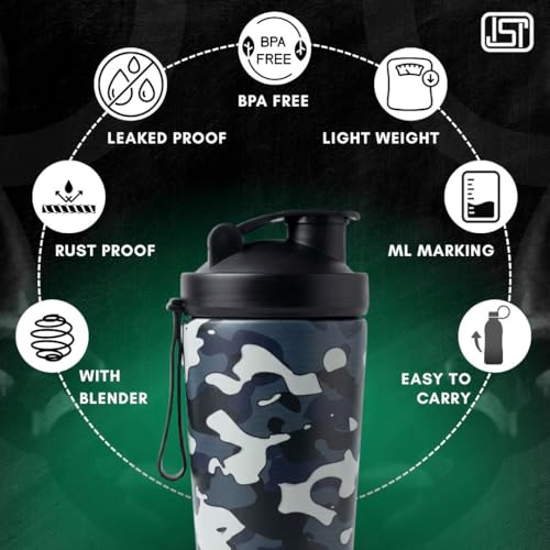 VOIK Premium 800ml Gym Shaker Bottle - Natural Military White Finish Stainless Steel with Black Coating, Food Grade Steel, with Carrying Strip and Mixer Ball Supplements Shakers (Military White) - Image 5