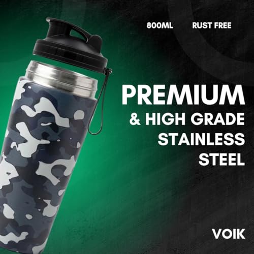 VOIK Premium 800ml Gym Shaker Bottle - Natural Military White Finish Stainless Steel with Black Coating, Food Grade Steel, with Carrying Strip and Mixer Ball Supplements Shakers (Military White) - Image 4
