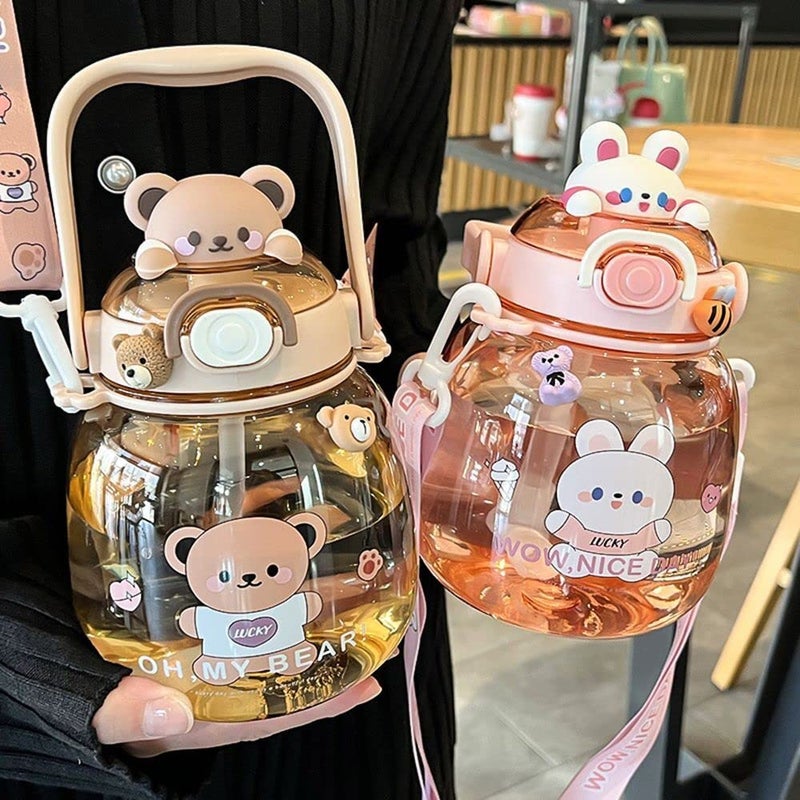 bosig Kawaii Bear Straw Bottle Cute Water Bottles with Kawaii Stickers LeakProof Kawaii Bear Water Bottle for Girls School Office Travel - Image 4