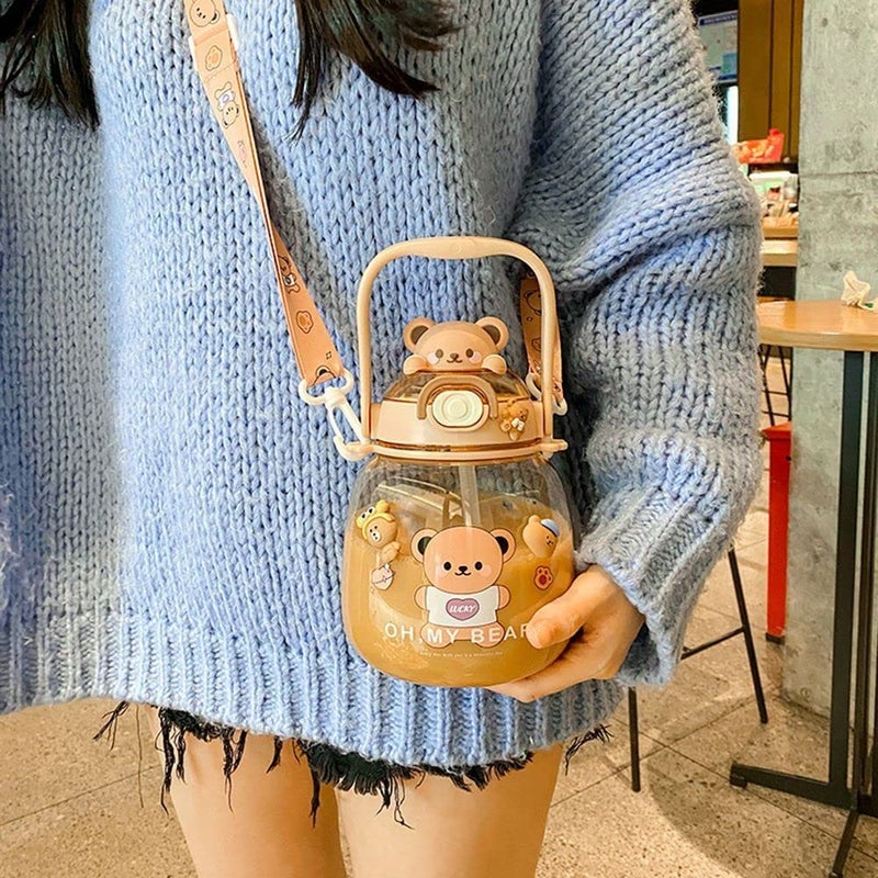 bosig Kawaii Bear Straw Bottle Cute Water Bottles with Kawaii Stickers LeakProof Kawaii Bear Water Bottle for Girls School Office Travel - Image 3