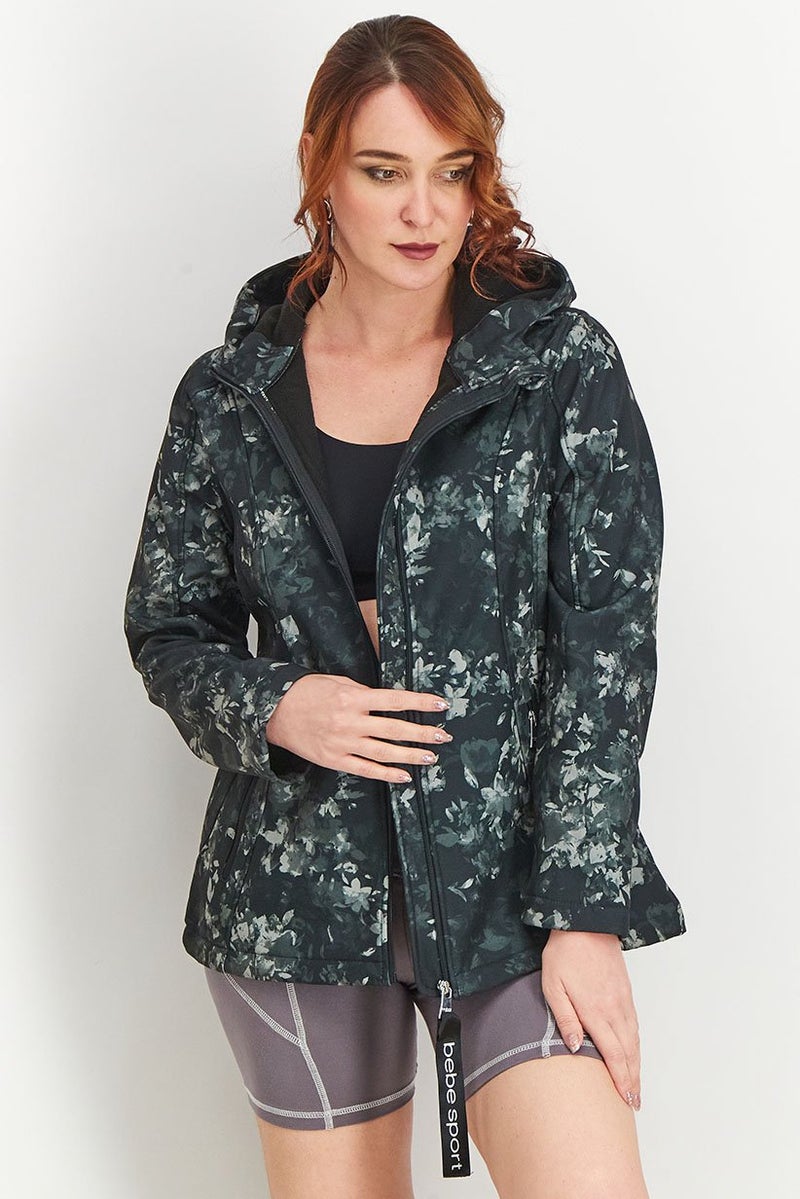 bebe جاكيت رياضي نسائي من بيبي سبورت بتصميم زهور كامل بسحاب، أسود - Image 1