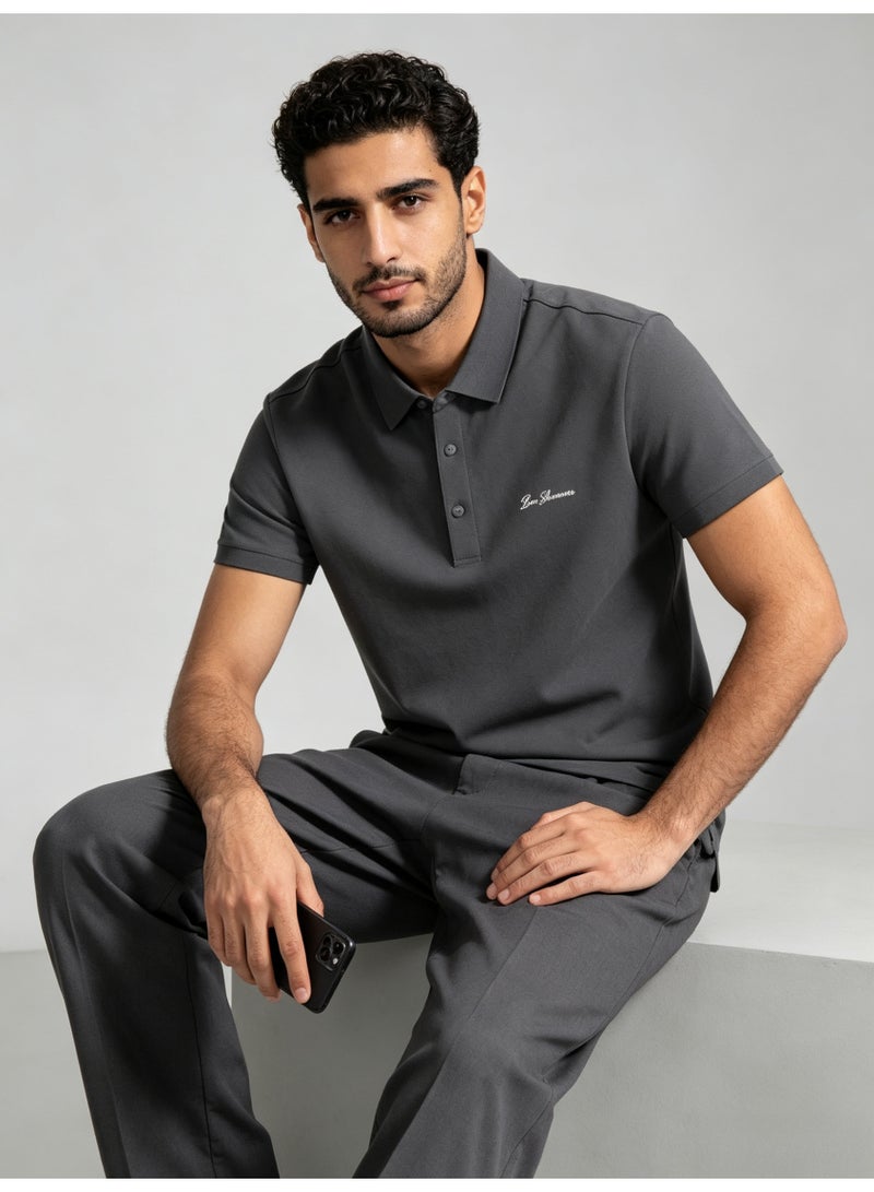 بين شيرمان Ben Sherman Men’s Dark Grey Solid Embroidered Short Sleeve Polo Shirt - Image 3