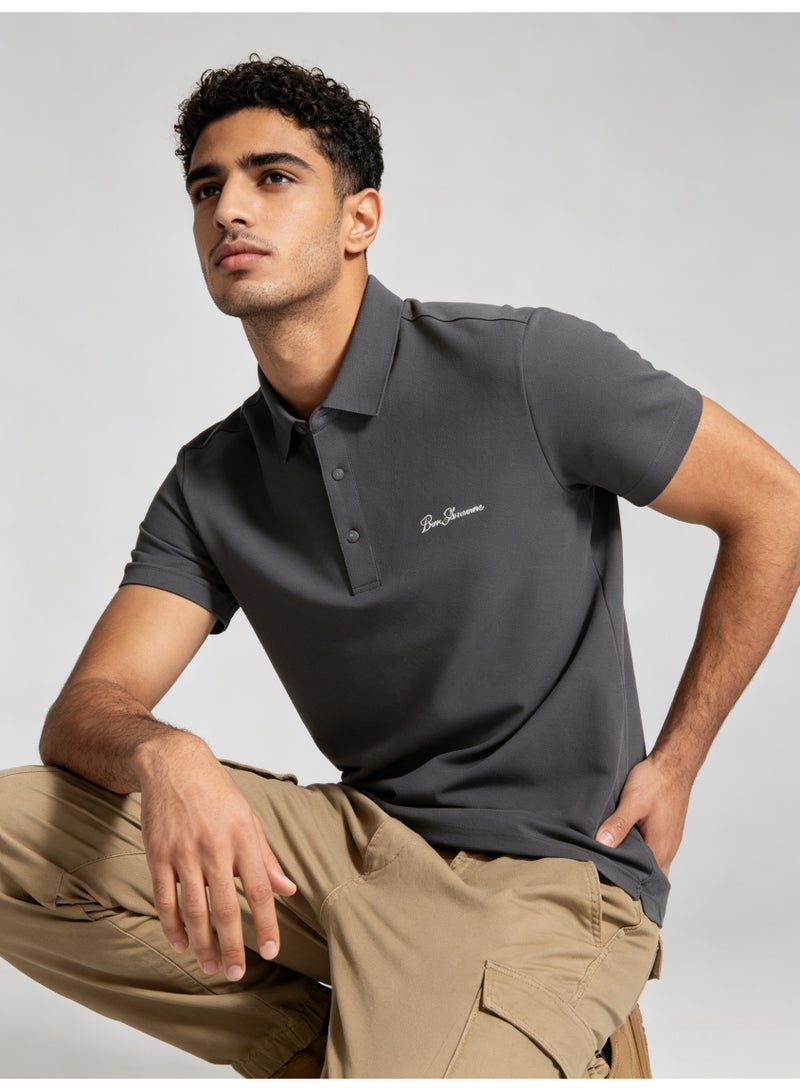 بين شيرمان Ben Sherman Men’s Dark Grey Solid Embroidered Short Sleeve Polo Shirt - Image 1