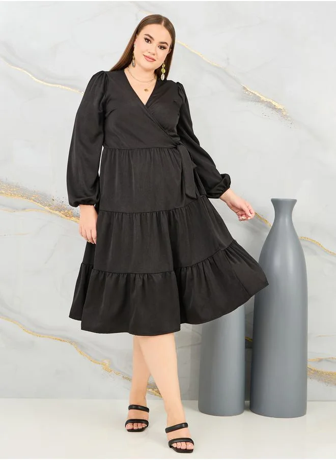 Styli Solid Tiered Wrap Midi Dress