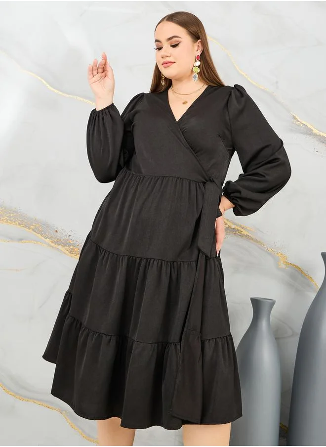 Styli Solid Tiered Wrap Midi Dress