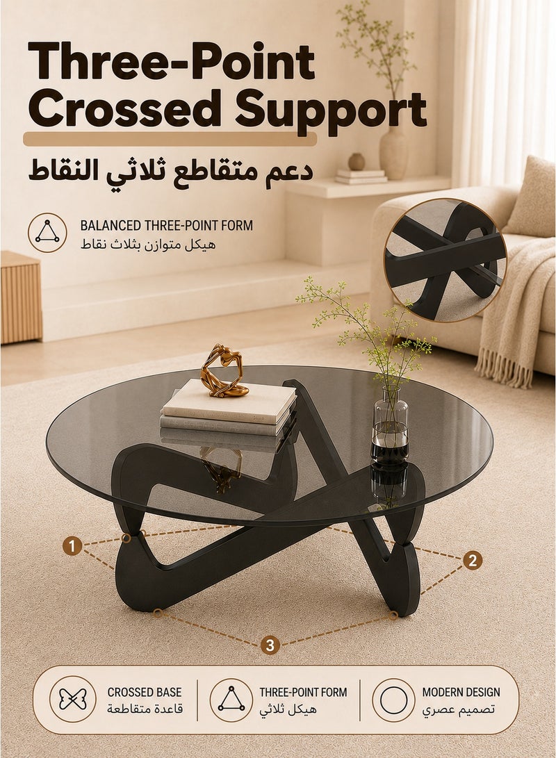 WALALLA Round Coffee Table, Circle Tempered Glass Cafe Table, Coffee Tables For Living Room, Middle Tea Table With Glass Top And Wood Legs, Modern Accent Table Center Table Cocktail Table For Bedroom,Gray 70*70*35cm - Image 3