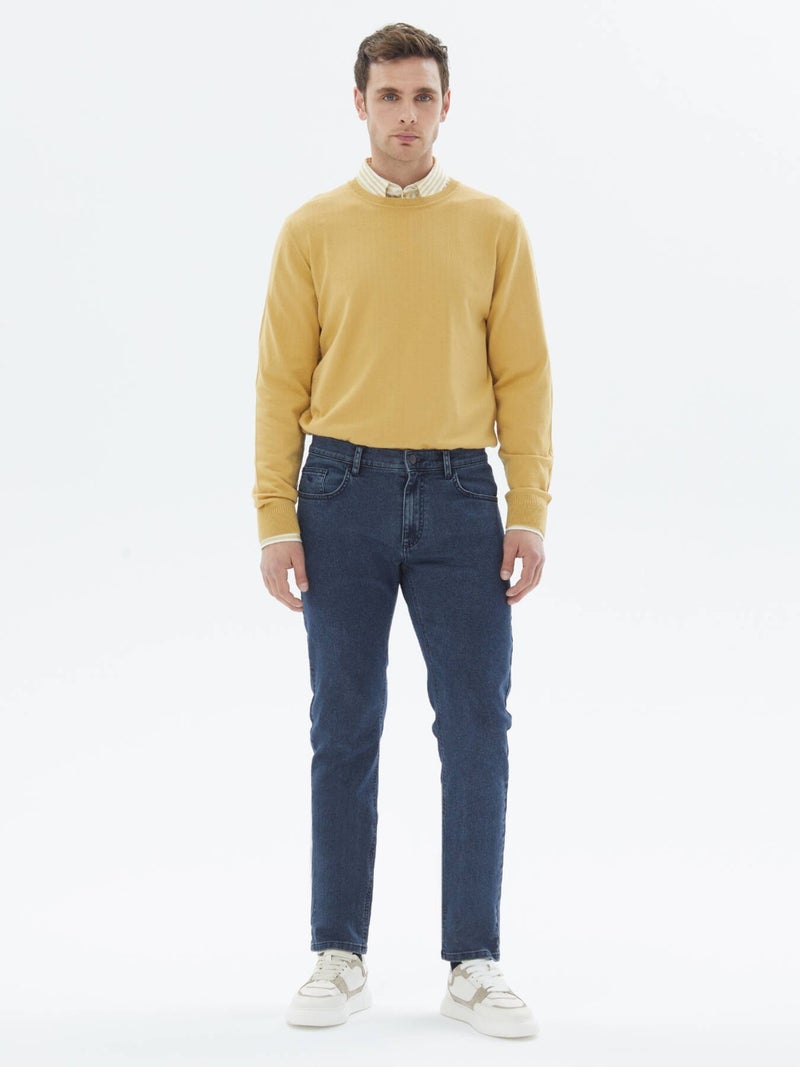 Navy Blue Slim Fit Denim Cotton Blend Trousers
