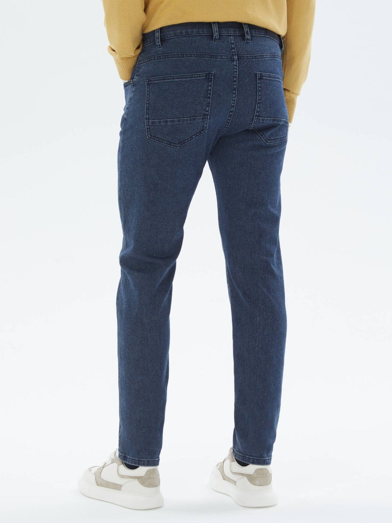 Navy Blue Slim Fit Denim Cotton Blend Trousers