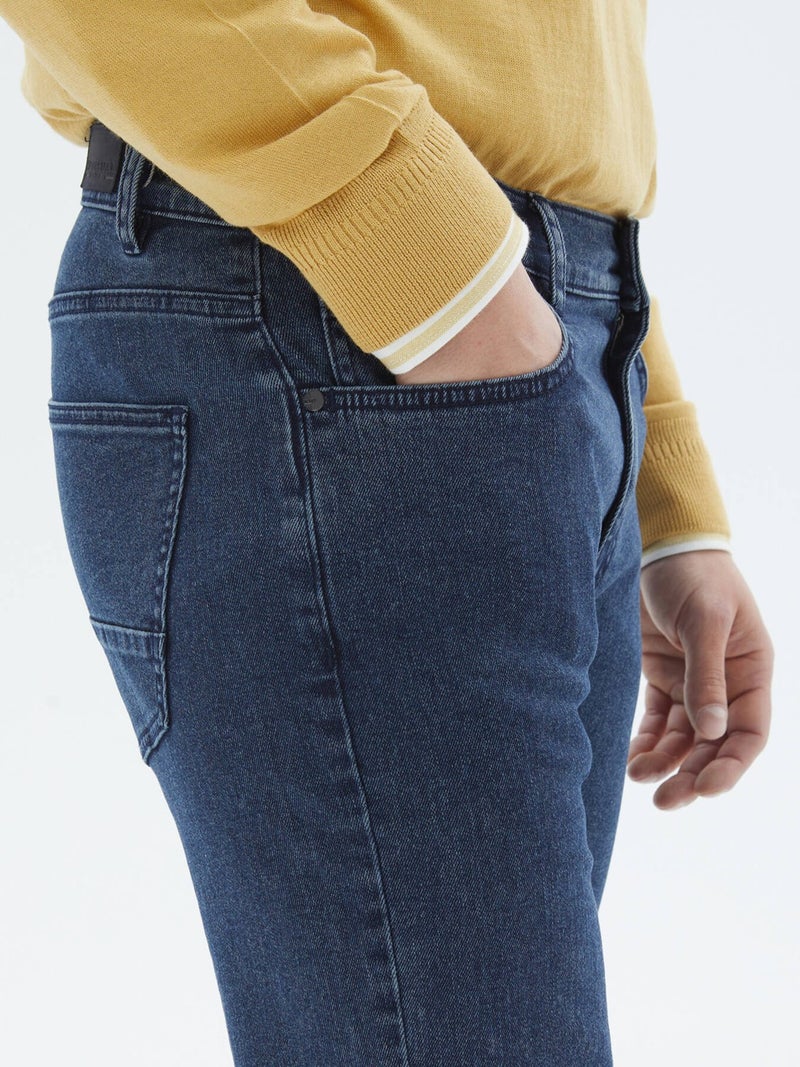 Navy Blue Slim Fit Denim Cotton Blend Trousers