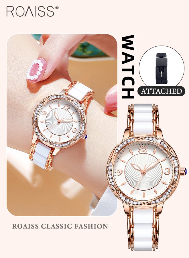 roaiss Women's Ceramic Strap Quartz Watch Analog Display Round Flower-Shaped Dial Decorated with Rhinestones Waterproof Simple Stylish Wristwatch as Gift for Ladies - Image 1