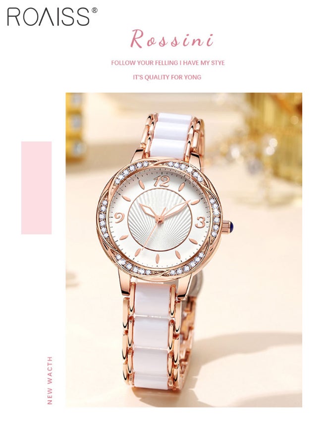 roaiss Women's Ceramic Strap Quartz Watch Analog Display Round Flower-Shaped Dial Decorated with Rhinestones Waterproof Simple Stylish Wristwatch as Gift for Ladies - Image 3