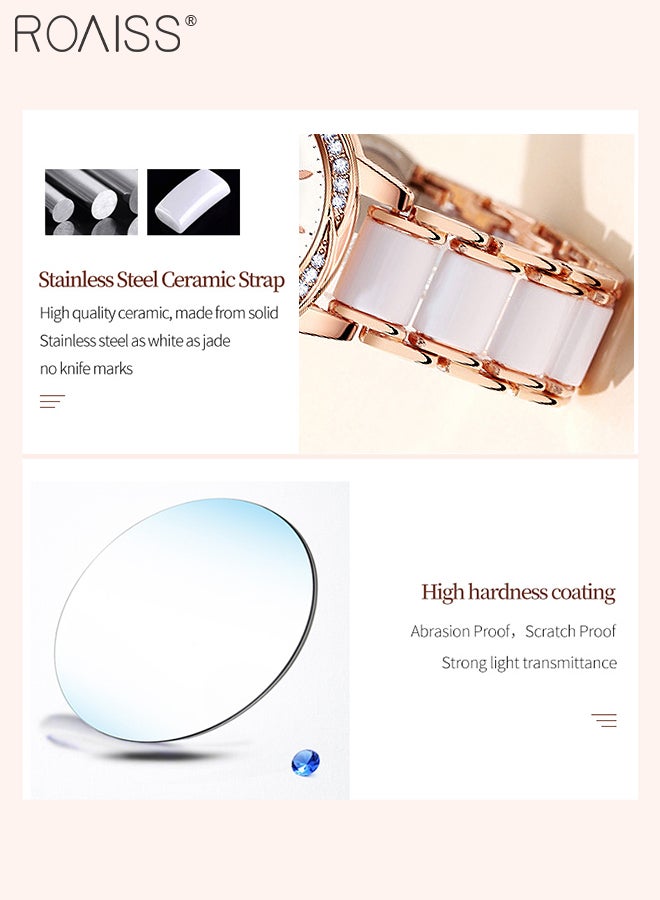 roaiss Women's Ceramic Strap Quartz Watch Analog Display Round Flower-Shaped Dial Decorated with Rhinestones Waterproof Simple Stylish Wristwatch as Gift for Ladies - Image 5