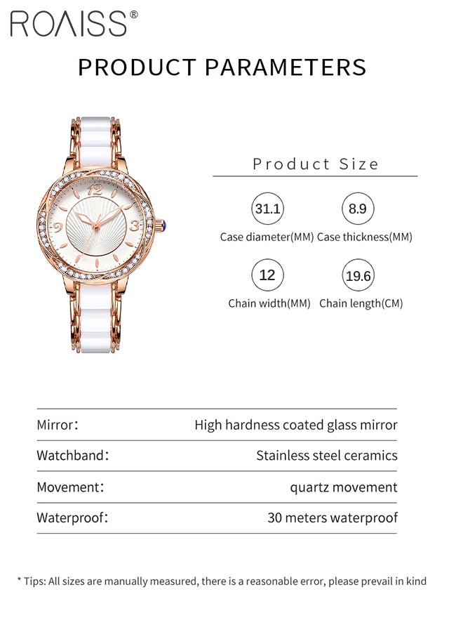 roaiss Women's Ceramic Strap Quartz Watch Analog Display Round Flower-Shaped Dial Decorated with Rhinestones Waterproof Simple Stylish Wristwatch as Gift for Ladies - Image 4