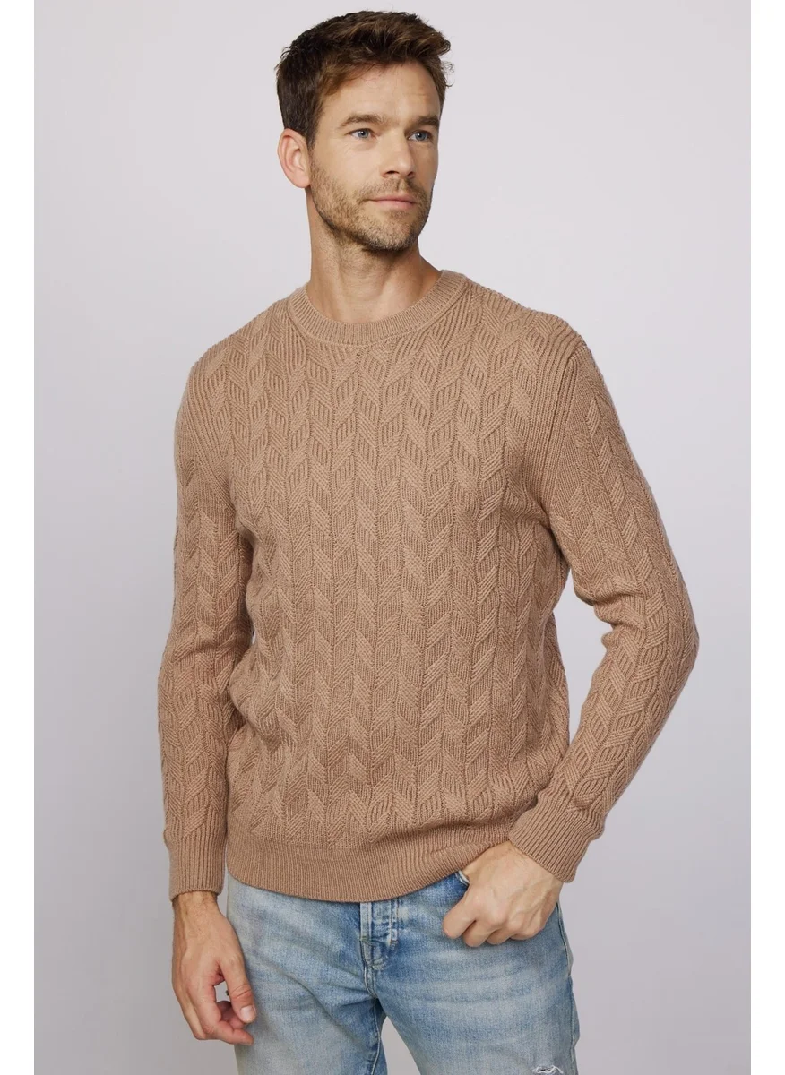 Tudors Slim Fit Crew Neck Patterned Cream Men's Sweater