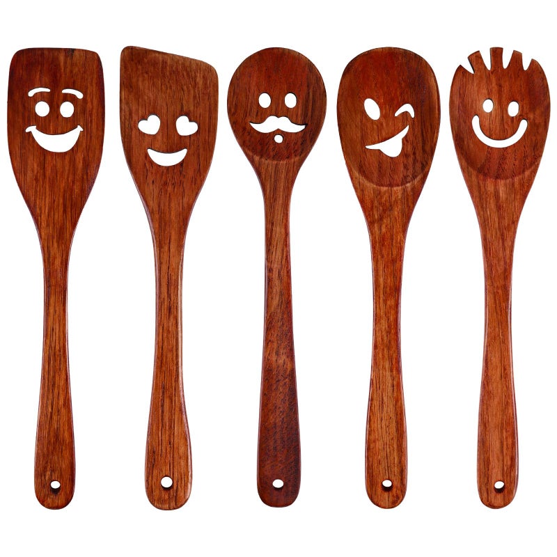HANSGO 5PCS Wooden Cooking Spoons, Funny Wooden Utensil Set Wood Spatulas with Smile Faces Cute Kitchen Accessories, Best Cooking Gifts for Housewarming Wedding Holidays - Image 1