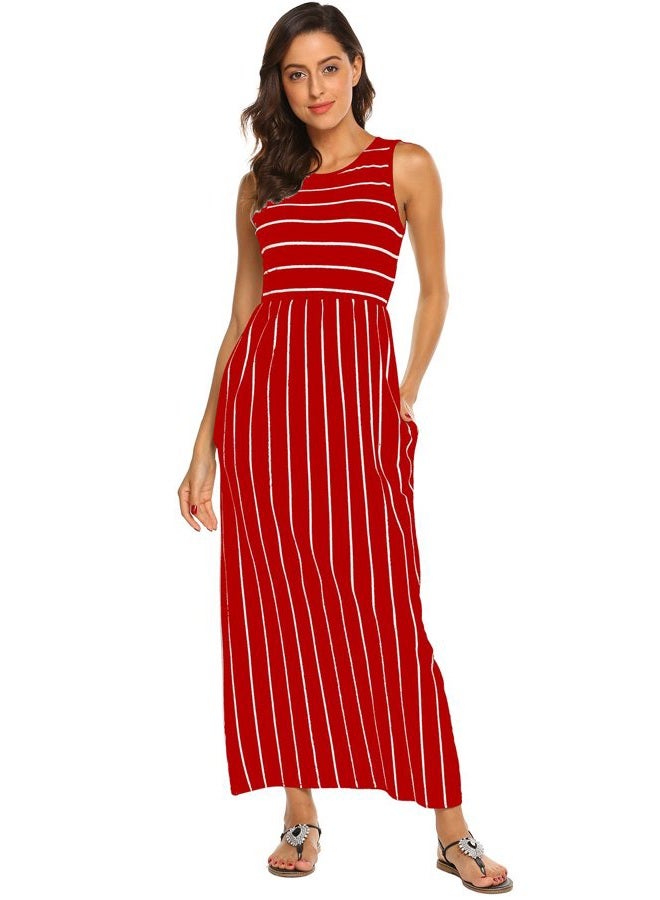 Hount Women's Summer Sleeveless Striped Flowy Casual Long Maxi Dress with Pockets, Red, L - Image 3