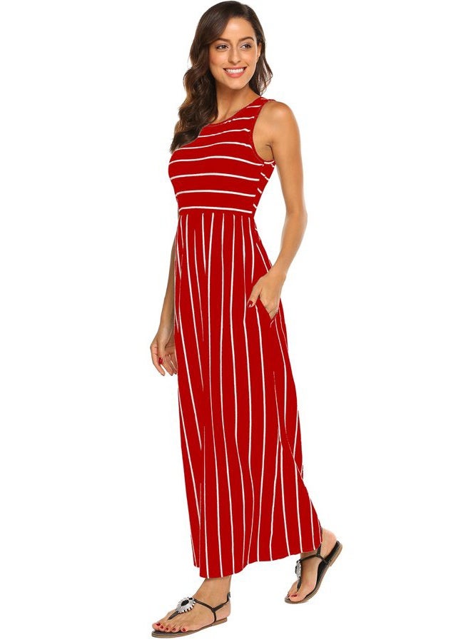 Hount Women's Summer Sleeveless Striped Flowy Casual Long Maxi Dress with Pockets, Red, L - Image 1