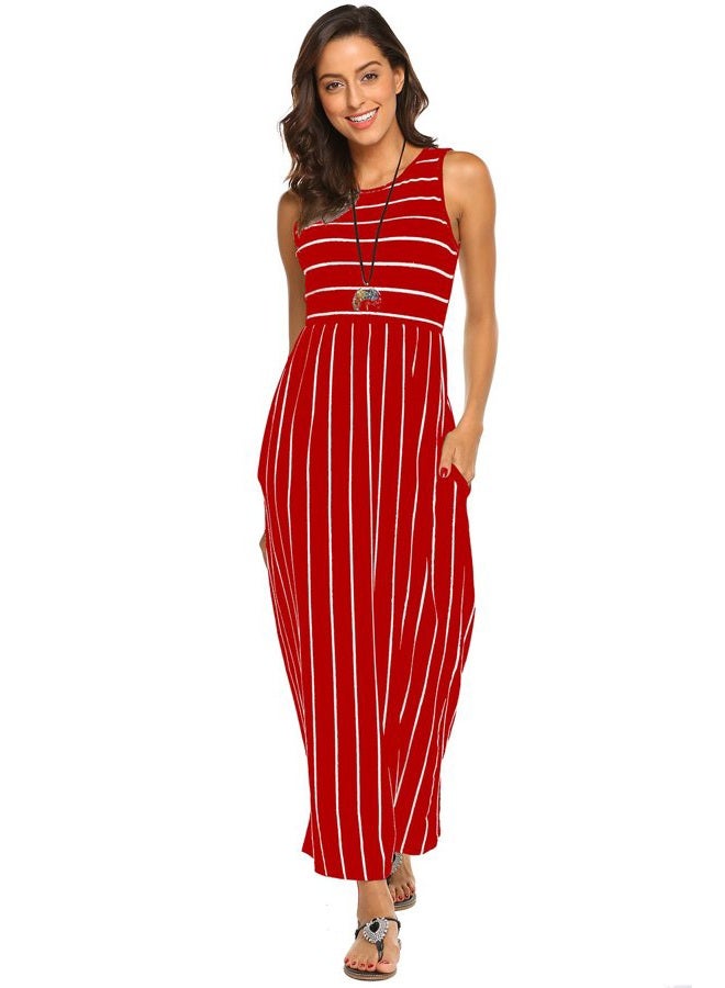 Hount Women's Summer Sleeveless Striped Flowy Casual Long Maxi Dress with Pockets, Red, L - Image 2