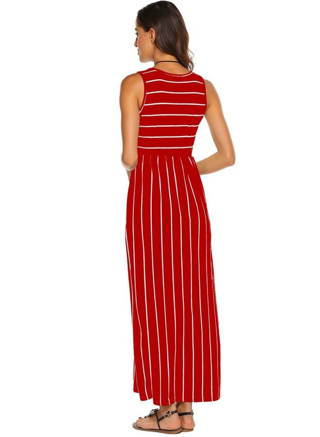 Hount Women's Summer Sleeveless Striped Flowy Casual Long Maxi Dress with Pockets, Red, L - Image 4