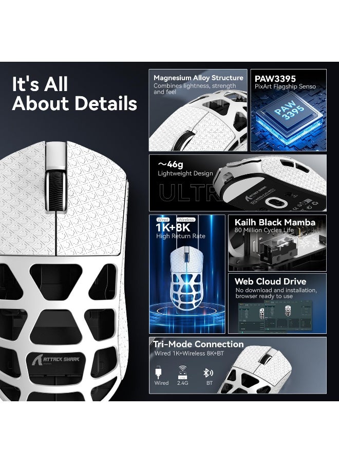 هجوم القرش R3 46g Superlight Tri Mode BT/Wireless 2.4Ghz/Wired Gaming Mouse, Magnesium Alloy, PAW3395 26K DPI Sensor, 8000Hz Wireless Polling Rate (white) - Image 5