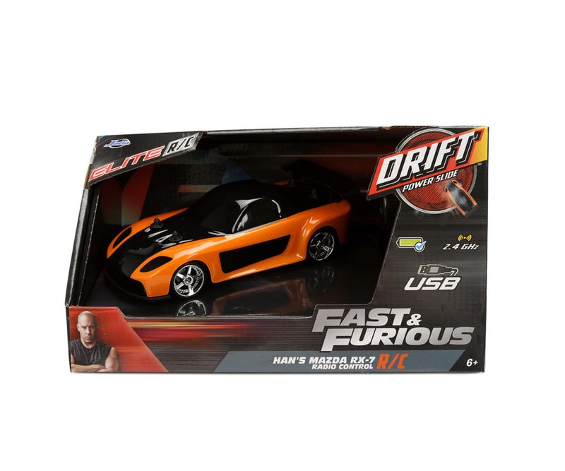 Jada Elite Fast & Furious Han’s Mazda RX-7 RC Car (1:24, Orange/Black) - Image 1