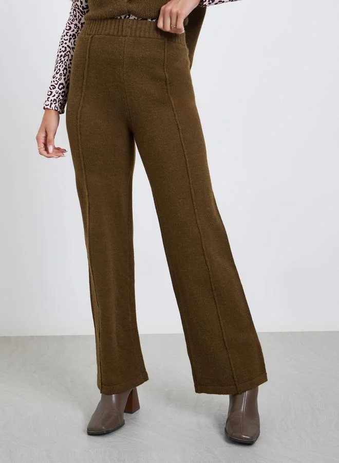 Styli Women Olive Flat Knit Wide Leg Pants