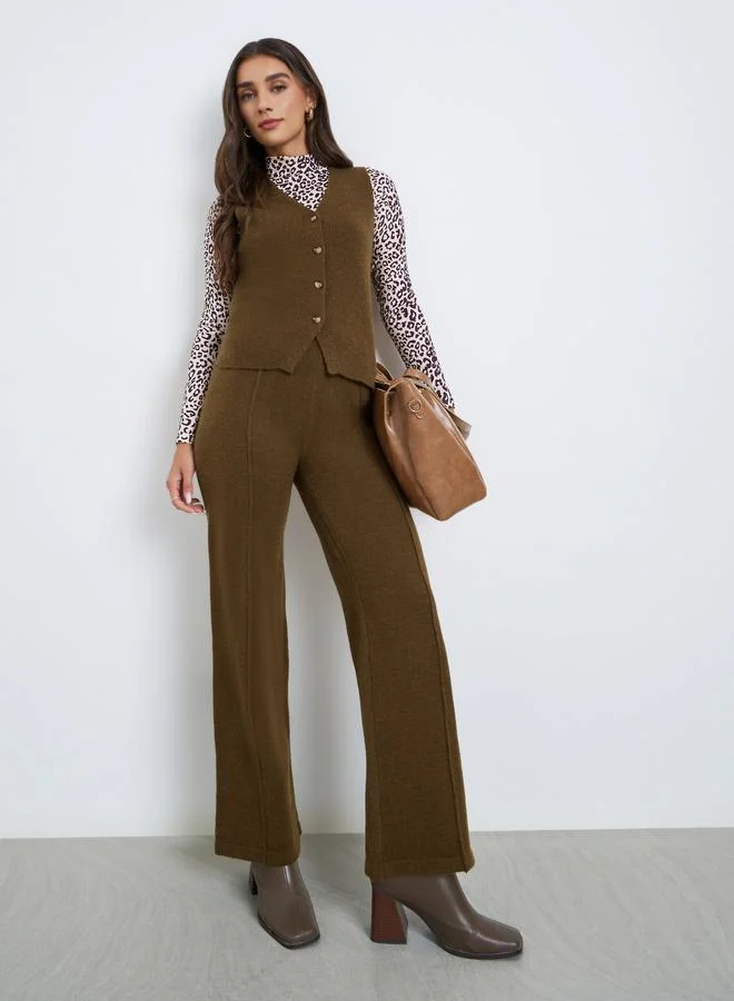 Styli Women Olive Flat Knit Wide Leg Pants