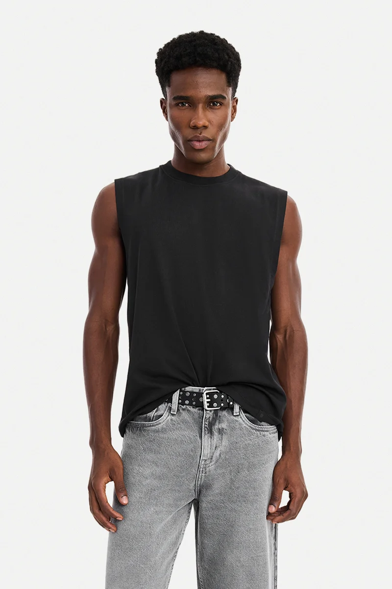 سنيتش Black Solid Sleeveless Casual T-Shirt