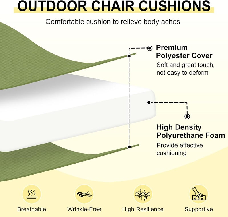 downluxe Outdoor Chair Cushions Set of 4 for Patio Furniture, Water-Resistant Patio Chair Cushions with Ties, High Density Foam Outdoor Seat Cushion, 17" X 16" X 2", Sage Green - Image 2