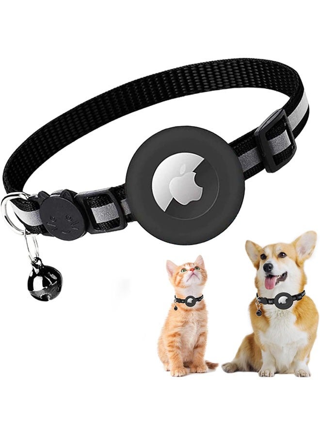 SJet Airtag Cat Collar Breakaway for Dogs Cats, Reflective Kitten Collar with Apple Air Tag Holder and Bell, 0.4 Inches in Width and Lightweight (Black)