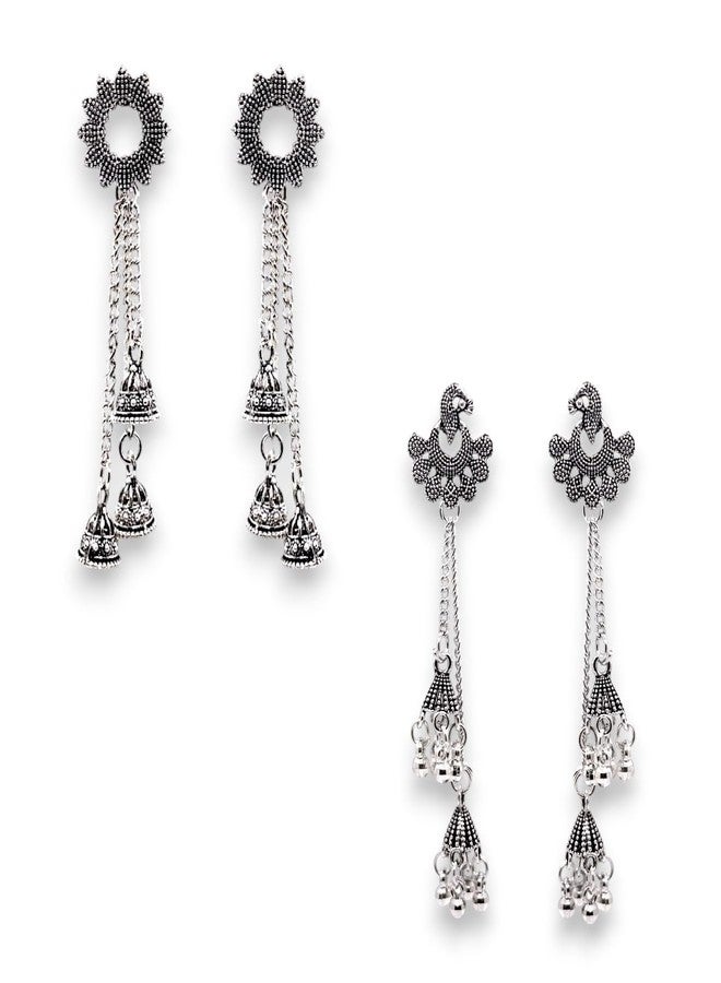 Elleva Long Earrings for Women Stylish Combo Pack | Fashion Oxidised Earrings Jhumka Set for Girls Traditional Design Birthday & Anniversary Gift Accessories, Silver, Set of 2 (Pack of 1) - Image 1