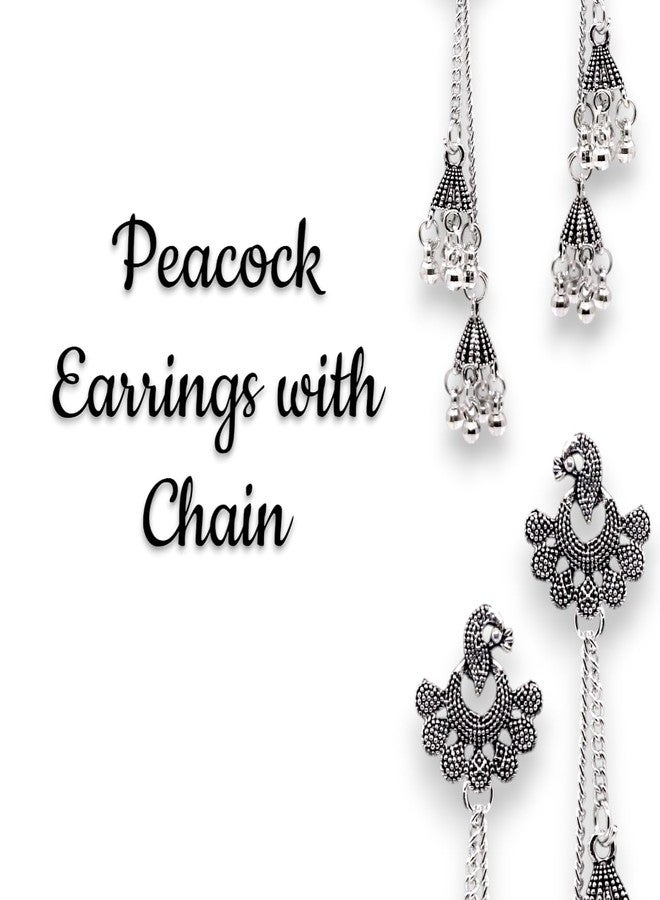 Elleva Long Earrings for Women Stylish Combo Pack | Fashion Oxidised Earrings Jhumka Set for Girls Traditional Design Birthday & Anniversary Gift Accessories, Silver, Set of 2 (Pack of 1) - Image 3