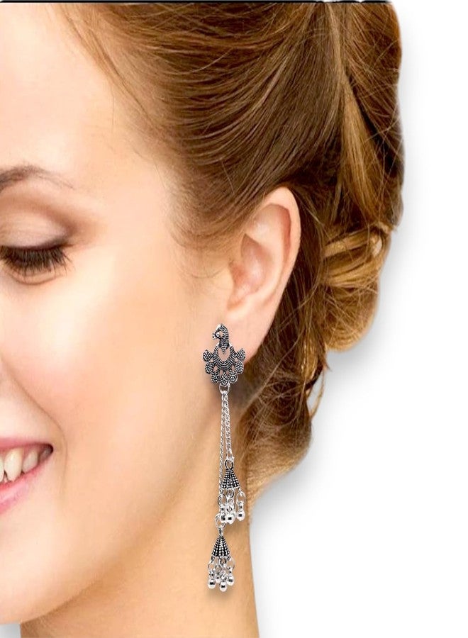 Elleva Long Earrings for Women Stylish Combo Pack | Fashion Oxidised Earrings Jhumka Set for Girls Traditional Design Birthday & Anniversary Gift Accessories, Silver, Set of 2 (Pack of 1) - Image 2