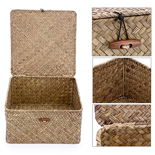 Hipiwe Wicker Shelf Baskets Bin with Lid Handwoven Seagrass Storage Basket Container Square Multipurpose Household Basket Boxes for Shelves and Home Organizer, Coffee Small - Image 3