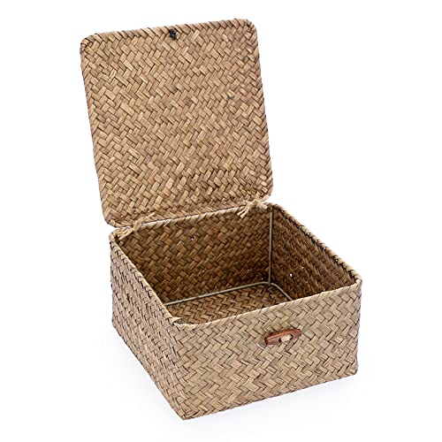 Hipiwe Wicker Shelf Baskets Bin with Lid Handwoven Seagrass Storage Basket Container Square Multipurpose Household Basket Boxes for Shelves and Home Organizer, Coffee Small - Image 1
