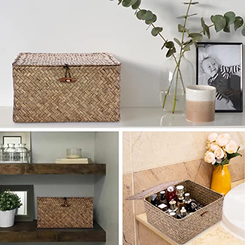 Hipiwe Wicker Shelf Baskets Bin with Lid Handwoven Seagrass Storage Basket Container Square Multipurpose Household Basket Boxes for Shelves and Home Organizer, Coffee Small - Image 2