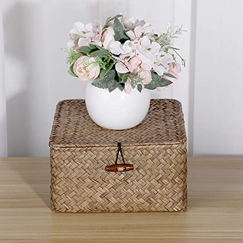 Hipiwe Wicker Shelf Baskets Bin with Lid Handwoven Seagrass Storage Basket Container Square Multipurpose Household Basket Boxes for Shelves and Home Organizer, Coffee Small - Image 4