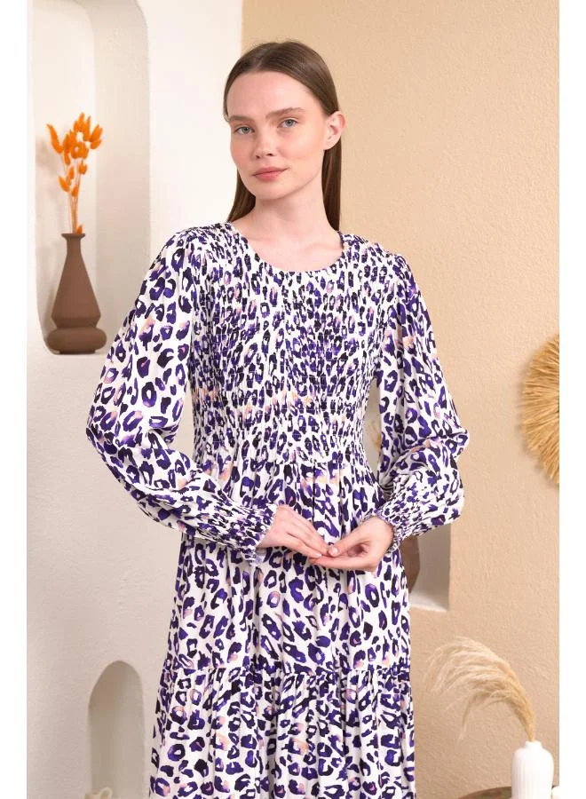 Hoxton Gal Navy Leopard Print Shirred Waist Midi Dress with Long Sleeves