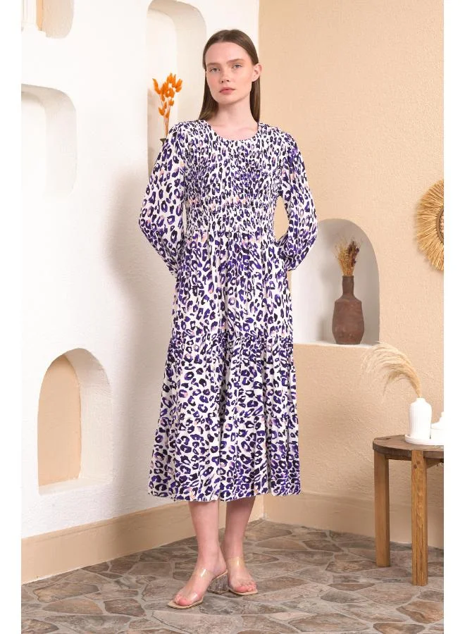 Hoxton Gal Navy Leopard Print Shirred Waist Midi Dress with Long Sleeves