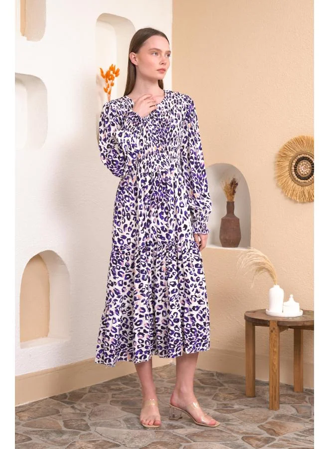 Hoxton Gal Navy Leopard Print Shirred Waist Midi Dress with Long Sleeves