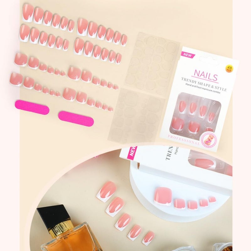 CTTHNBD 48Pcs Square Press on Nails Medium & Fake Toenails Set - White French Tip Fake Nails, Full Cover Press on Toenails - for Women 48 Pcs - Image 2