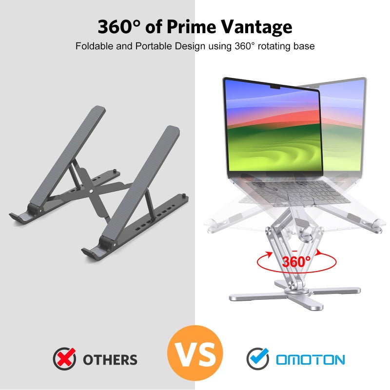 OMOTON LA10 360Â° Rotating Laptop Stand Riser for Desk, Ergonomic Foldable Computer Stand Adjustable Height Angles for Collaborative Work, Easy Storage Fit Macbooks,All Laptops up to 16 inches, Silver - Image 2